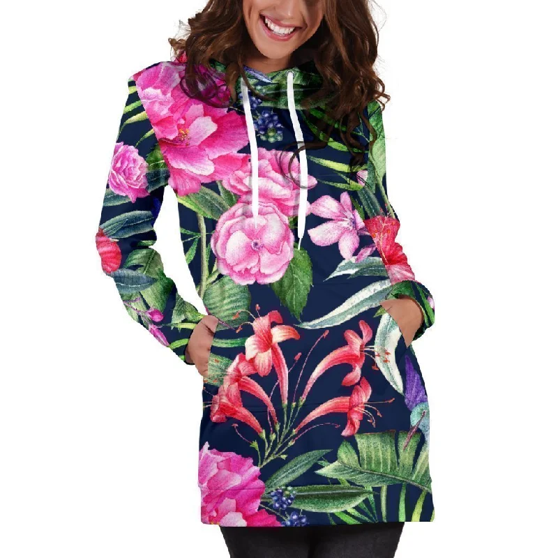 Hawaiian Tropical Birds Pattern Print Pullover Hoodie Dress