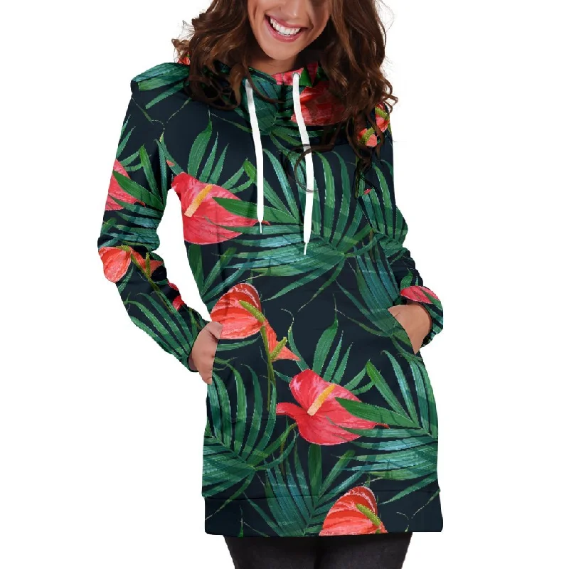 Hawaiian Tropical Flowers Pattern Print Pullover Hoodie Dress