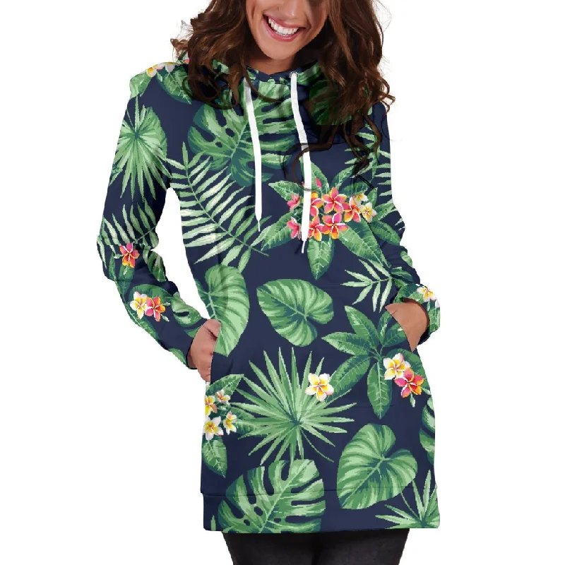 Hawaiian Tropical Leaves Pattern Print Pullover Hoodie Dress