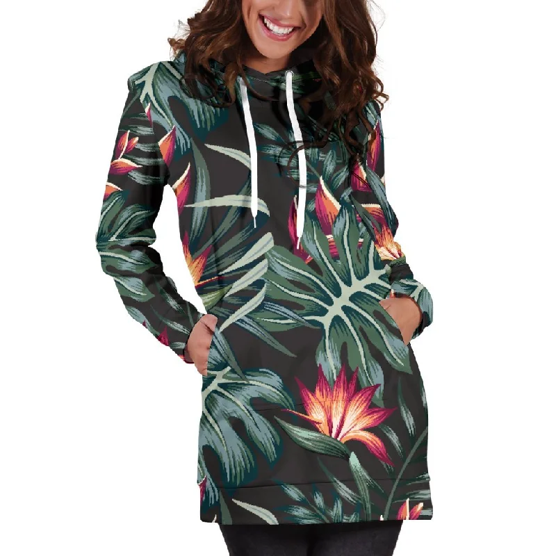 Hawaiian Tropical Plants Pattern Print Pullover Hoodie Dress