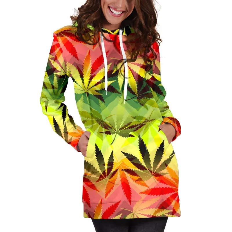 Hemp Leaf Reggae Pattern Print Pullover Hoodie Dress