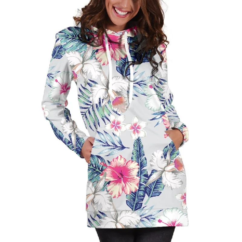 Hibiscus Orchids Hawaii Pattern Print Pullover Hoodie Dress