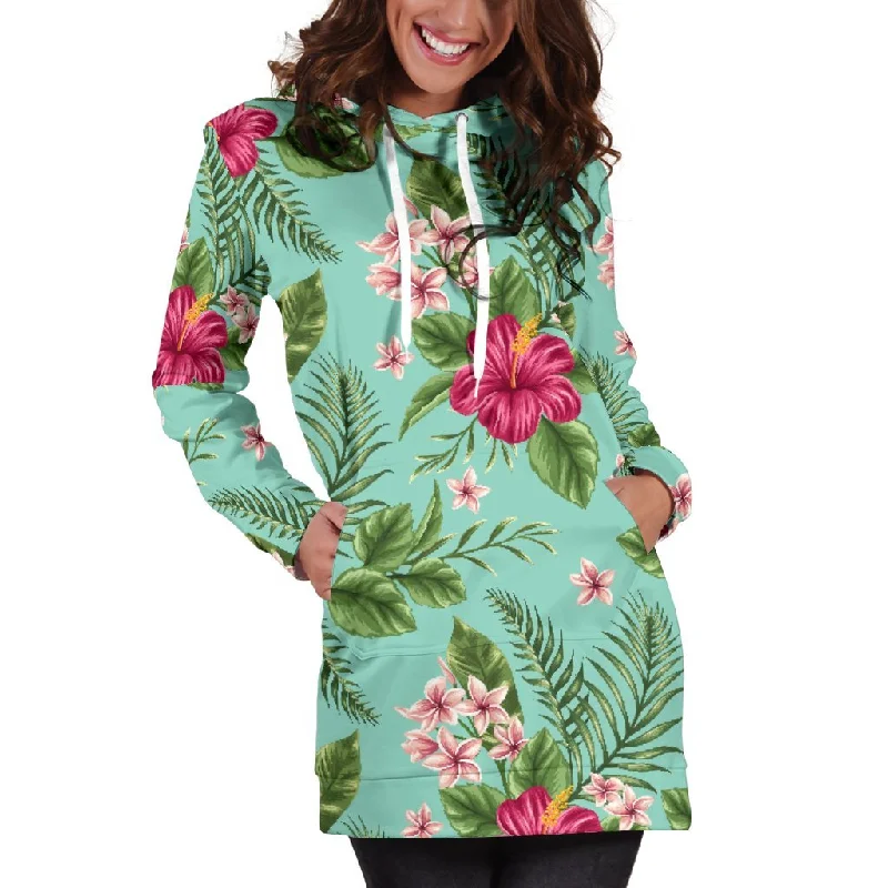 Hibiscus Plumeria Flowers Pattern Print Pullover Hoodie Dress