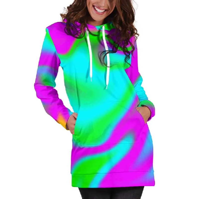 Holographic Neon Liquid Trippy Print Pullover Hoodie Dress