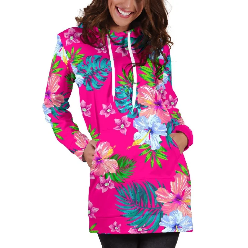 Hot Pink Aloha Hibiscus Pattern Print Pullover Hoodie Dress