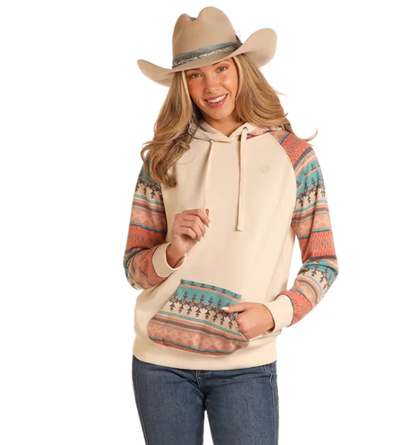 Rock & Roll Cowgirl Women's Cream with Turquoise Aztec Contrast Sleeve Hoodie BW94T05213