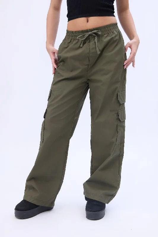 High Rise Wide Leg Cargo Twill Pants