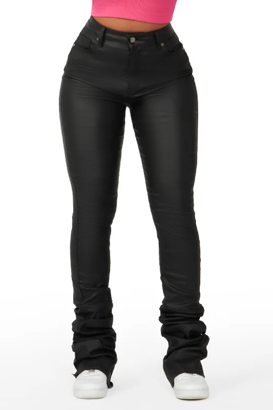 Pay Attention Black PU Super Stacked Flare Pant