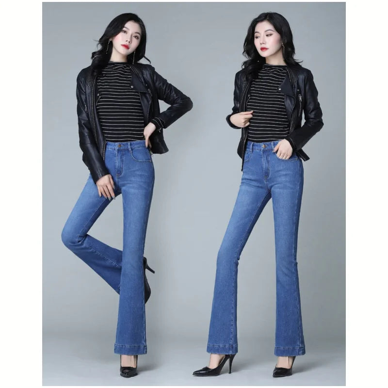 Women's Winter High Waist Stretch Slim Wide Leg Denim Flared Pants