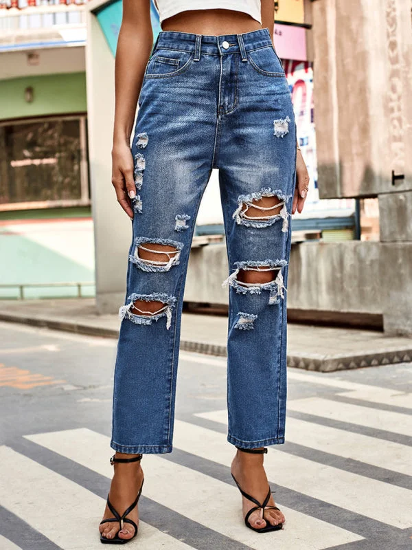 All-match washed ripped straight-leg denim cropped pants