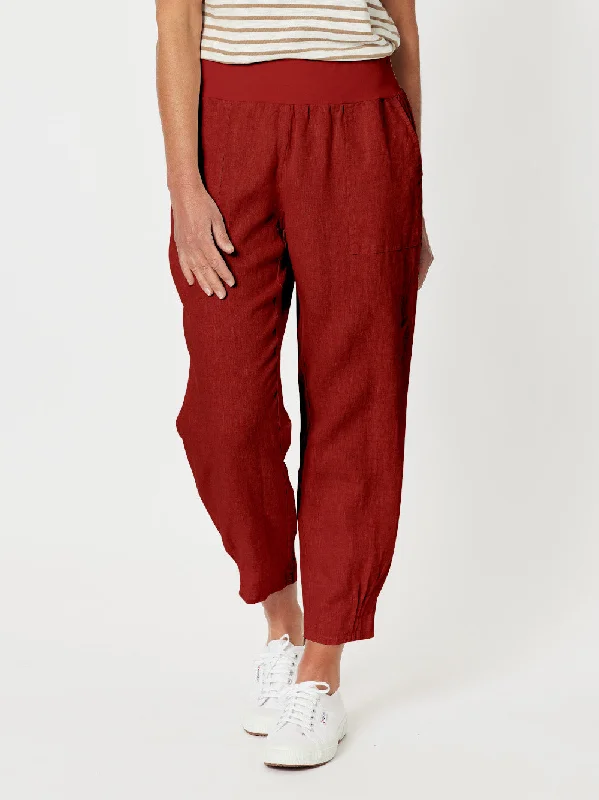 Sarah Linen Pleat Hem Pant - Brick Red