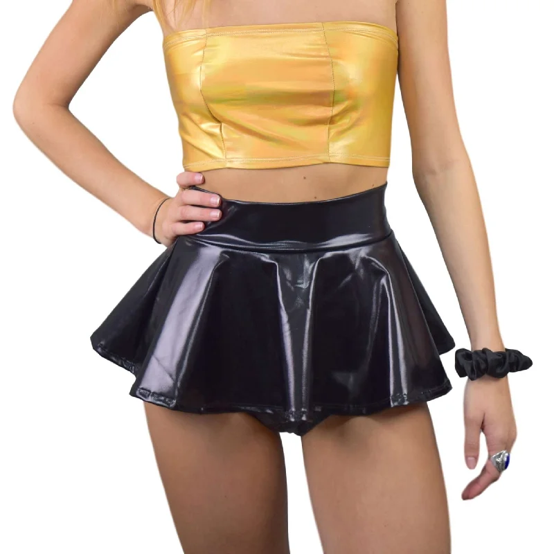 10" Super Mini Black Metallic High Waisted Skater Skirt