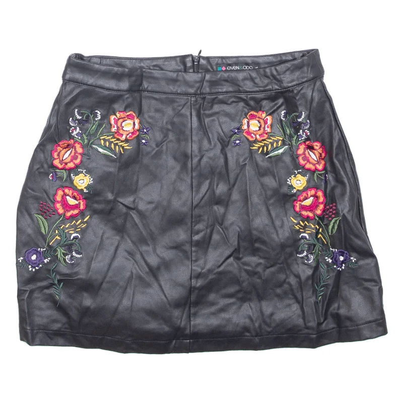 EVEN & ODD Faux Leather Embroidery Womens A-Line Skirt Black Short Floral L