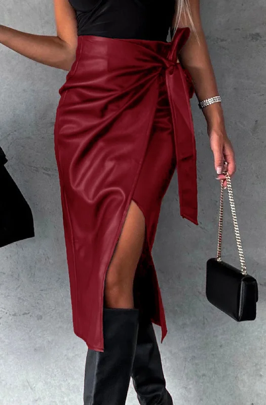 Kenya Faux Leather Front Wrap Skirt-Wine