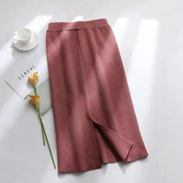 Knitted Skirt Mid-length Autumn and Winter Is Thinner One-step Skirt Split Skirt A-line Skirt Female Bag Hip Skirt