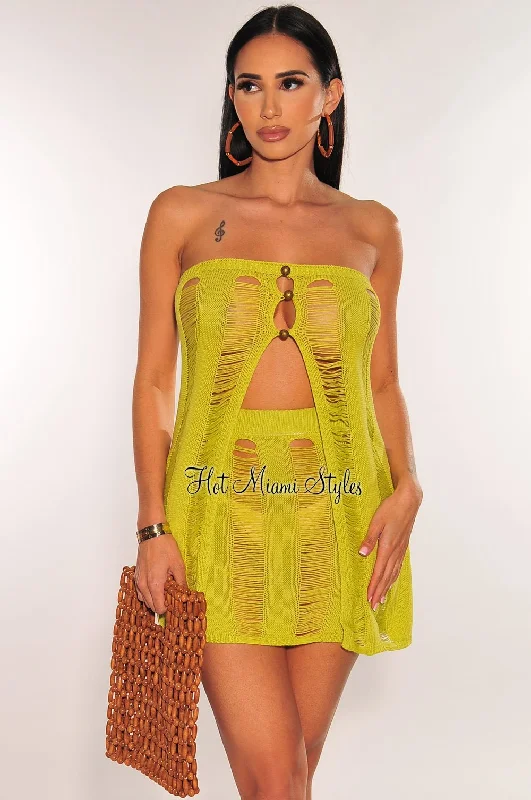 Lime Green Crochet Ladder Strapless Slit Top Skirt Two Piece Set