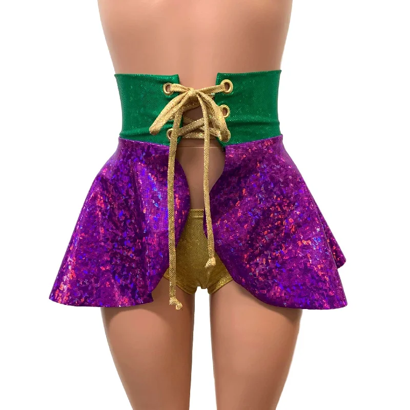 Mardi Gras Corset Skirt - Holographic Lace-Up Skater Skirt