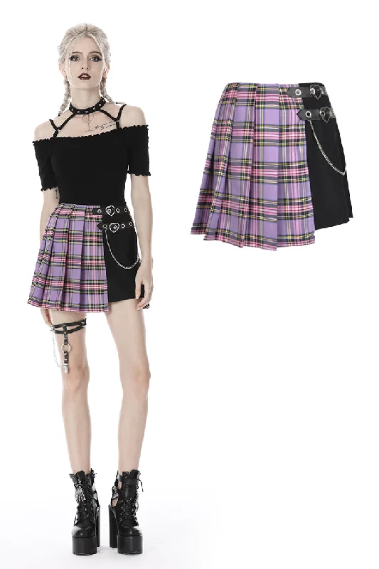 Punk purple checked splicing black pleated short skirt KW175