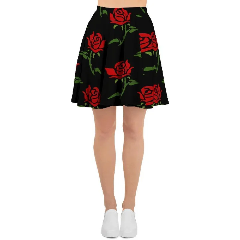 Red Doodle Rose Floral Women's Skirt