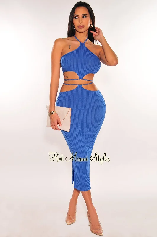 Royal Blue Ribbed Halter Cut Out Tie Up Skirt Two Piece Set